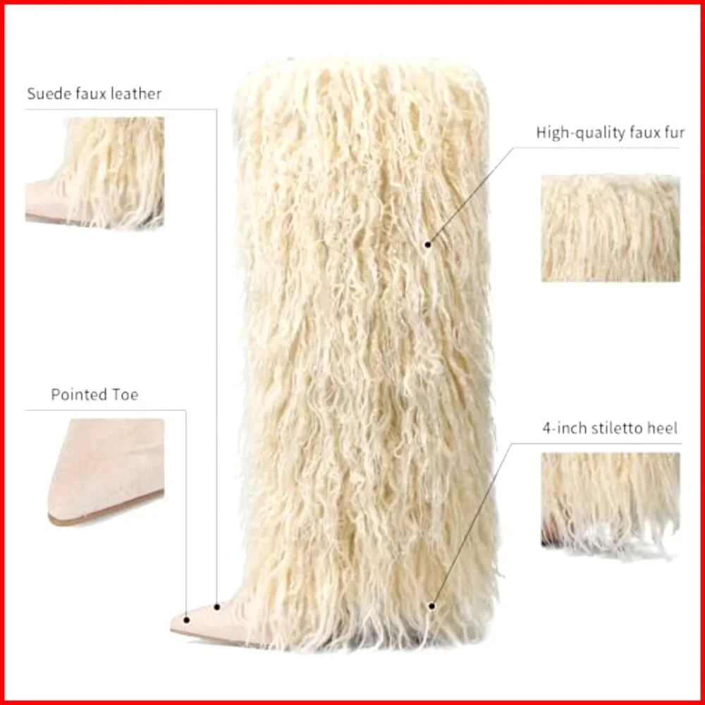 Knee High Faux Fur Boots Wide Calf Stiletto Heel Pointed Toe Winter